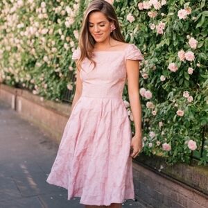 Gal Meets Glam Augusta Dress Pink Cap Sleeve Jacquard Brocade Fit Flare 4